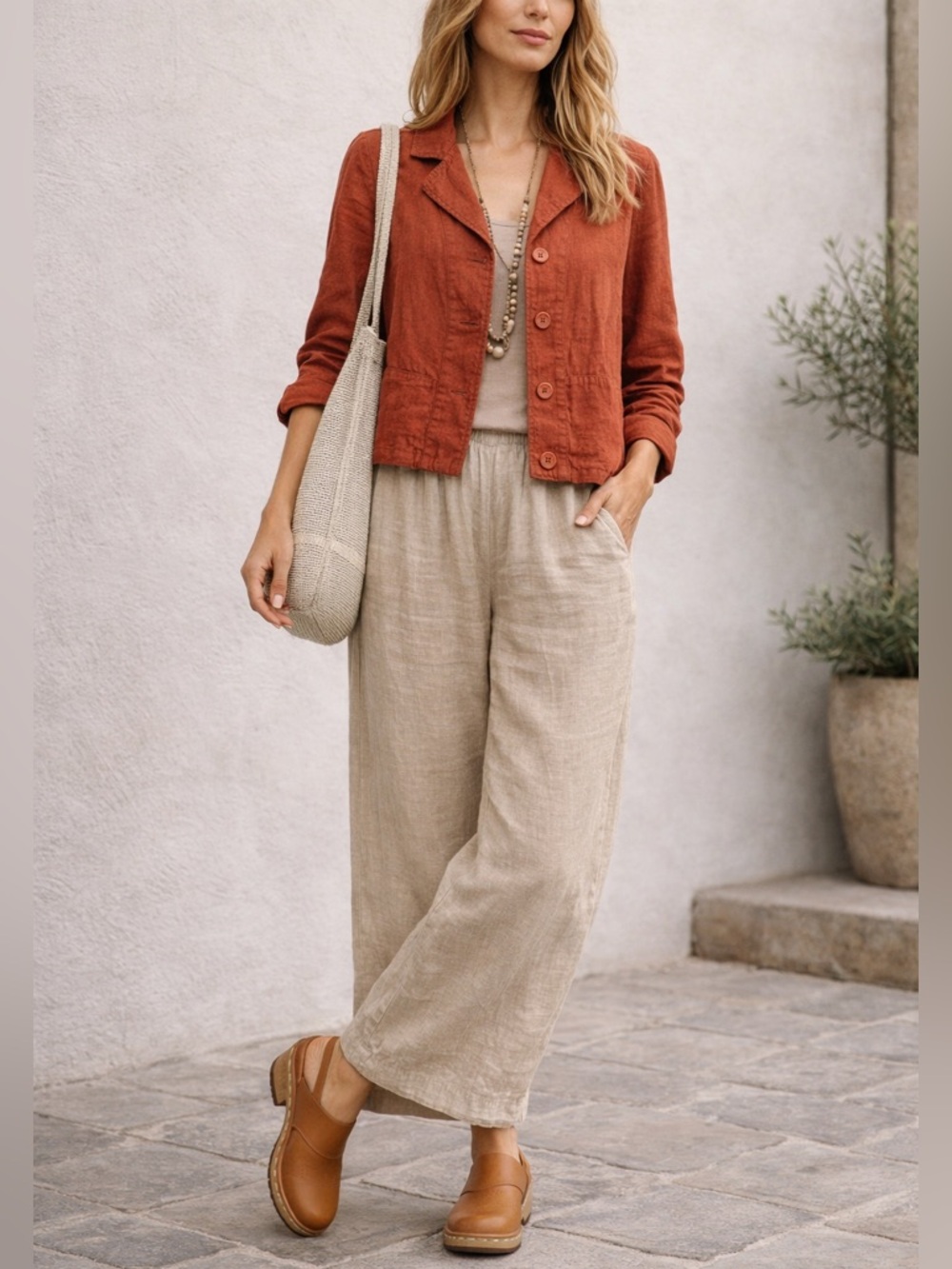 Flax Rust Orange Linen Cropped Button Front Jacket